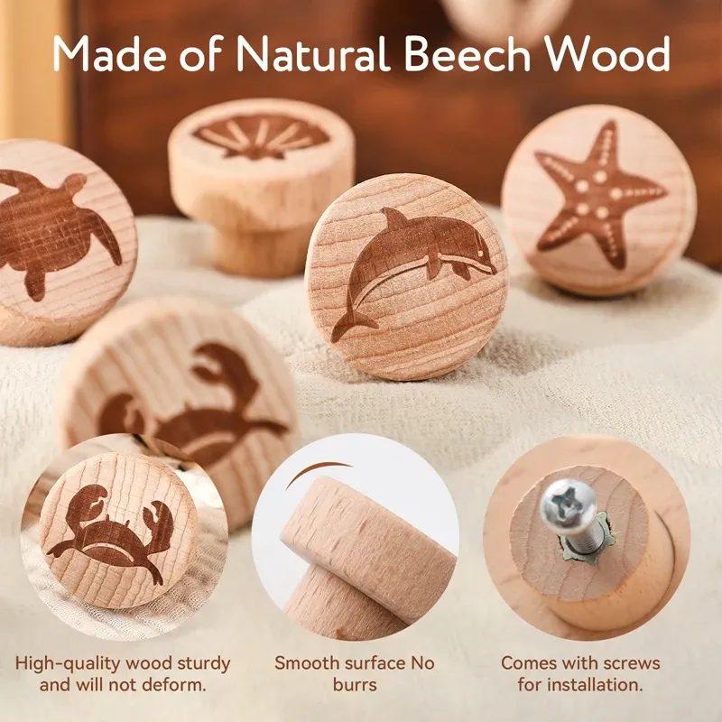Boutons d'armoire ronds en bois, style bohémien à motif animalier vintage 3
