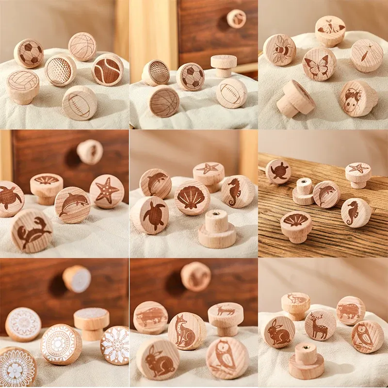 Boutons d'armoire ronds en bois, style bohémien à motif animalier vintage