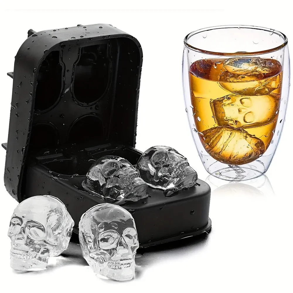 Moule à glaçons en silicone 3D souple, bac à glaçons sphériques pour congélateur, sans BPA, forme tête de crâne horrifique pour whisky et cocktails 3