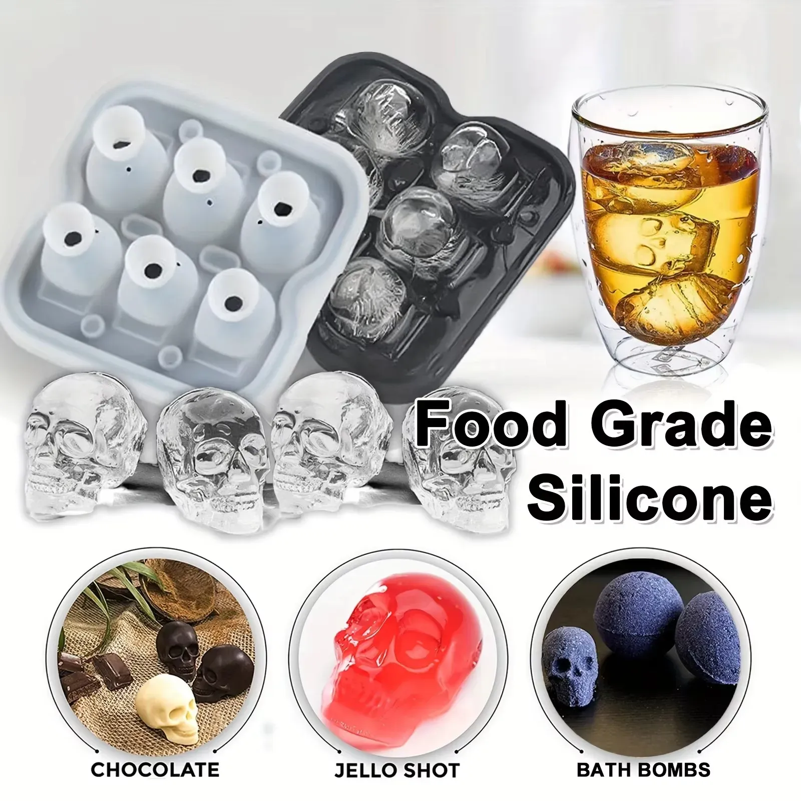 Moule à glaçons en silicone 3D souple, bac à glaçons sphériques pour congélateur, sans BPA, forme tête de crâne horrifique pour whisky et cocktails 2