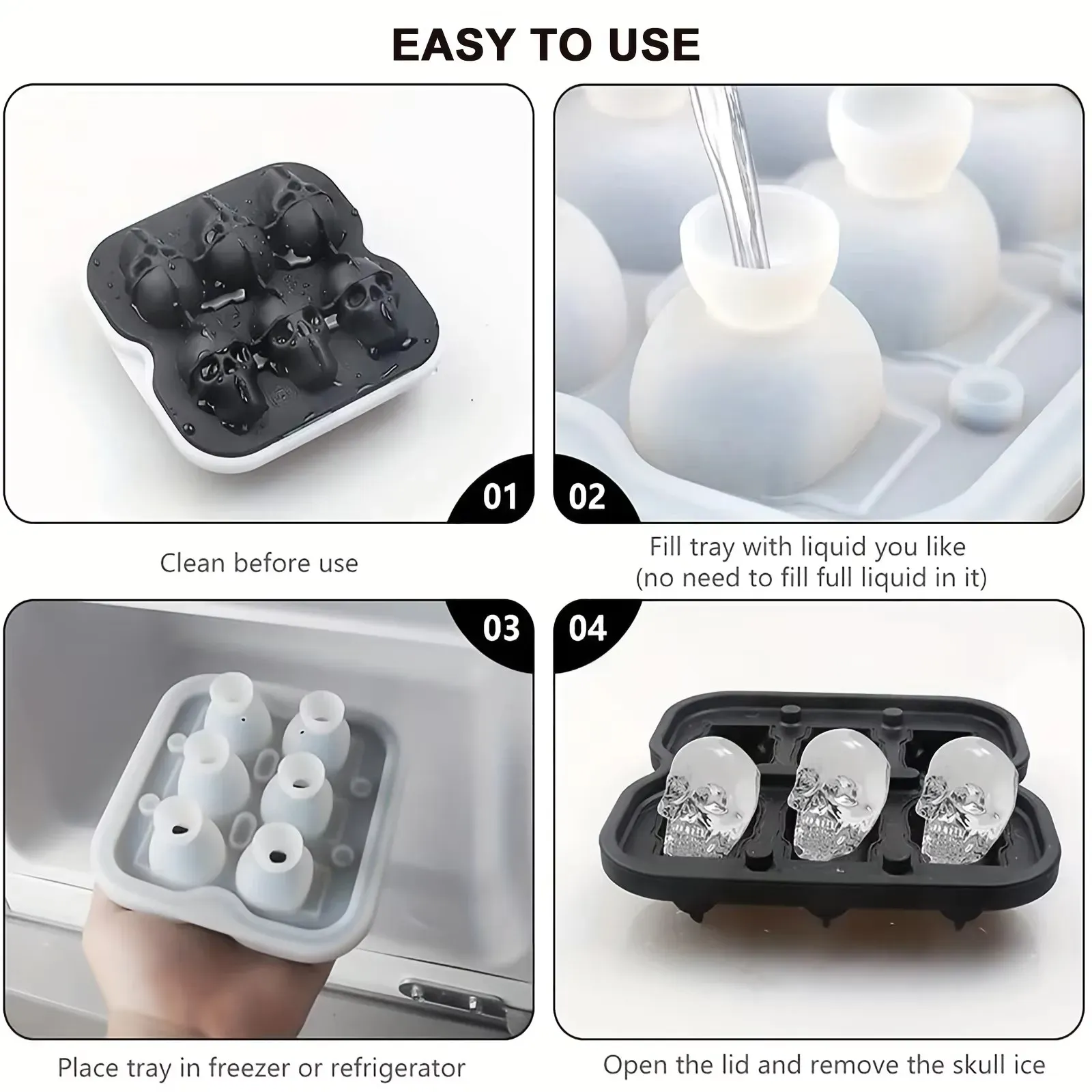 Moule à glaçons en silicone 3D souple, bac à glaçons sphériques pour congélateur, sans BPA, forme tête de crâne horrifique pour whisky et cocktails 5
