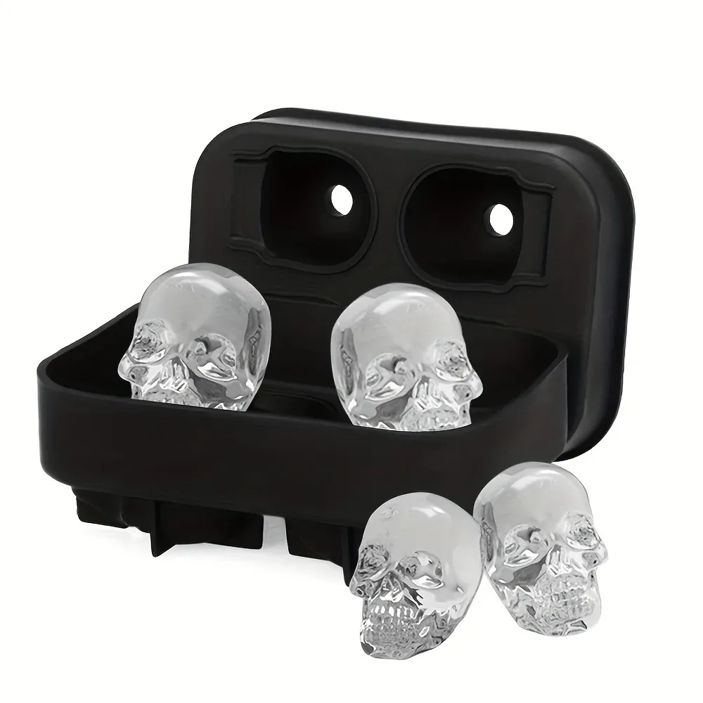 Moule à glaçons en silicone 3D souple, bac à glaçons sphériques pour congélateur, sans BPA, forme tête de crâne horrifique pour whisky et cocktails 8