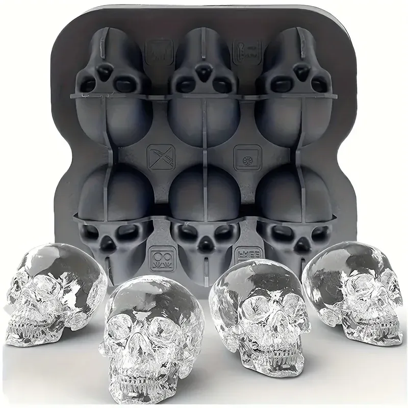 Moule à glaçons en silicone 3D souple, bac à glaçons sphériques pour congélateur, sans BPA, forme tête de crâne horrifique pour whisky et cocktails 9