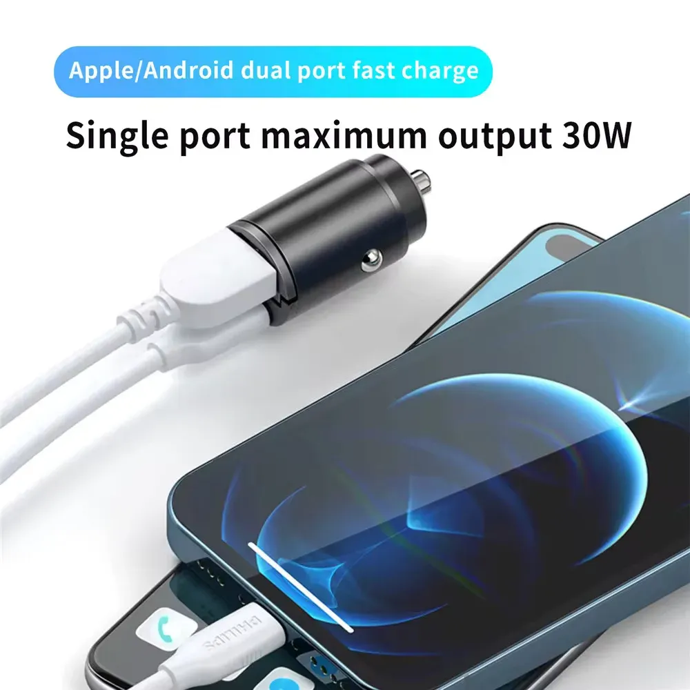 Mini chargeur de voiture USB-C à charge rapide, compatible Xiaomi, Samsung, Huawei et iPhone, 12-24 V, QC 3.0 et PD 3