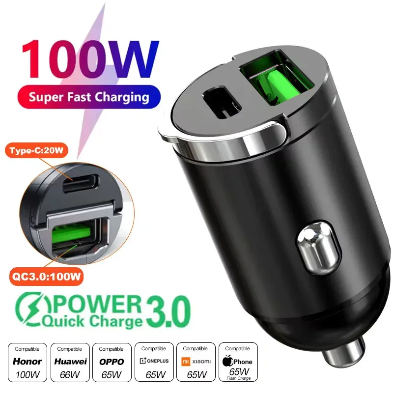 Mini chargeur de voiture USB-C à charge rapide, compatible Xiaomi, Samsung, Huawei et iPhone, 12-24 V, QC 3.0 et PD 7