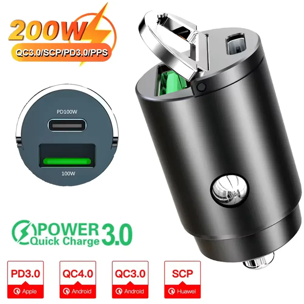 Mini chargeur de voiture USB-C à charge rapide, compatible Xiaomi, Samsung, Huawei et iPhone, 12-24 V, QC 3.0 et PD 8