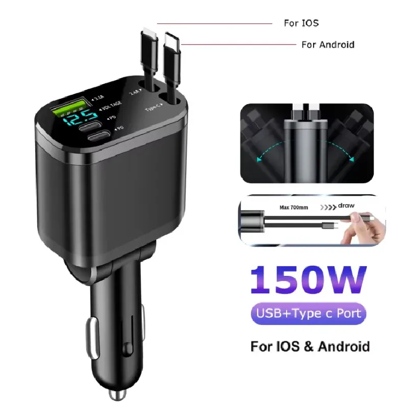 Chargeur de voiture 5 en 1 150 W avec affichage de tension, charge rapide PD 30 W et 22,5 W, câble rétractable compatible iPhone, Xiaomi et Samsung