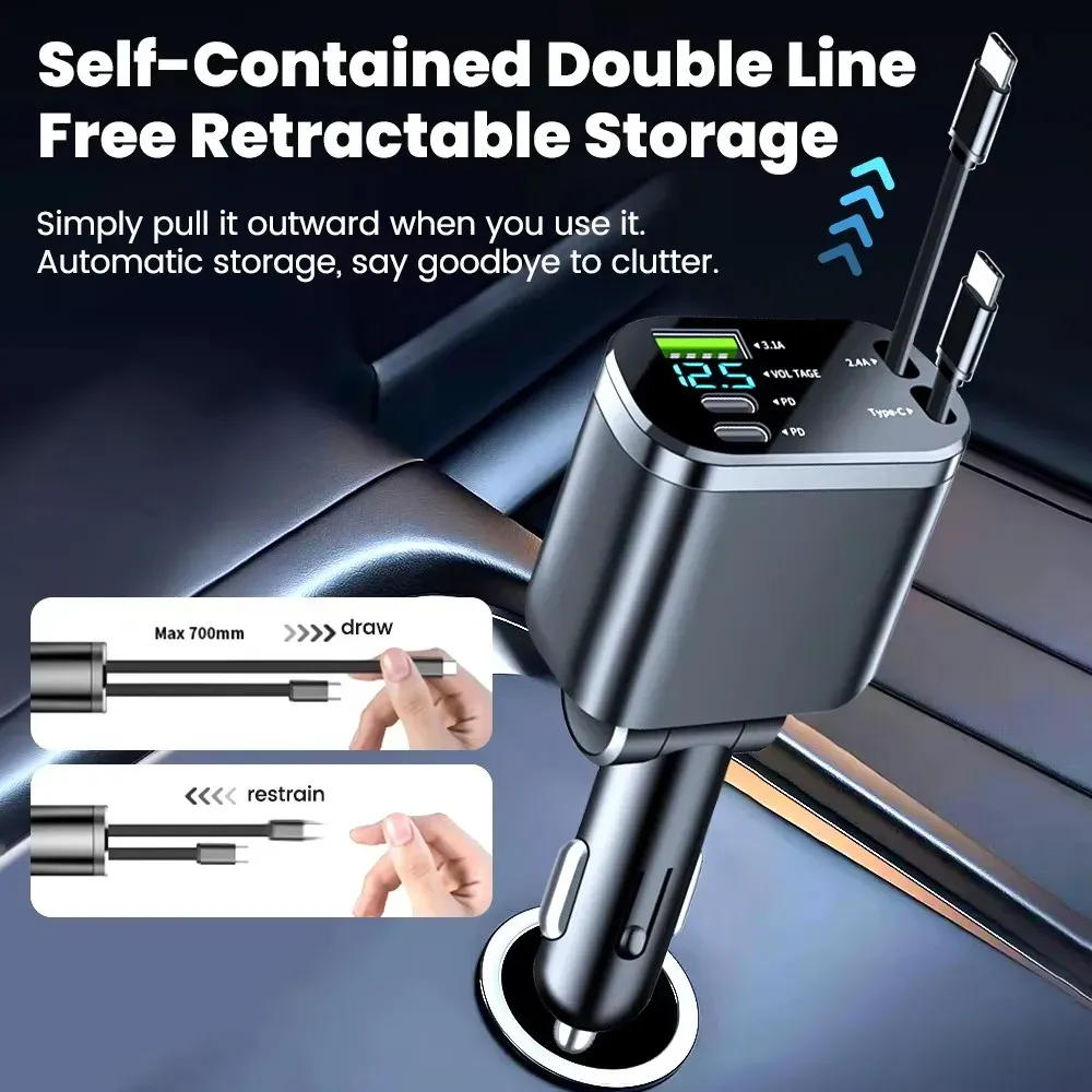Chargeur de voiture 5 en 1 150 W avec affichage de tension, charge rapide PD 30 W et 22,5 W, câble rétractable compatible iPhone, Xiaomi et Samsung 5
