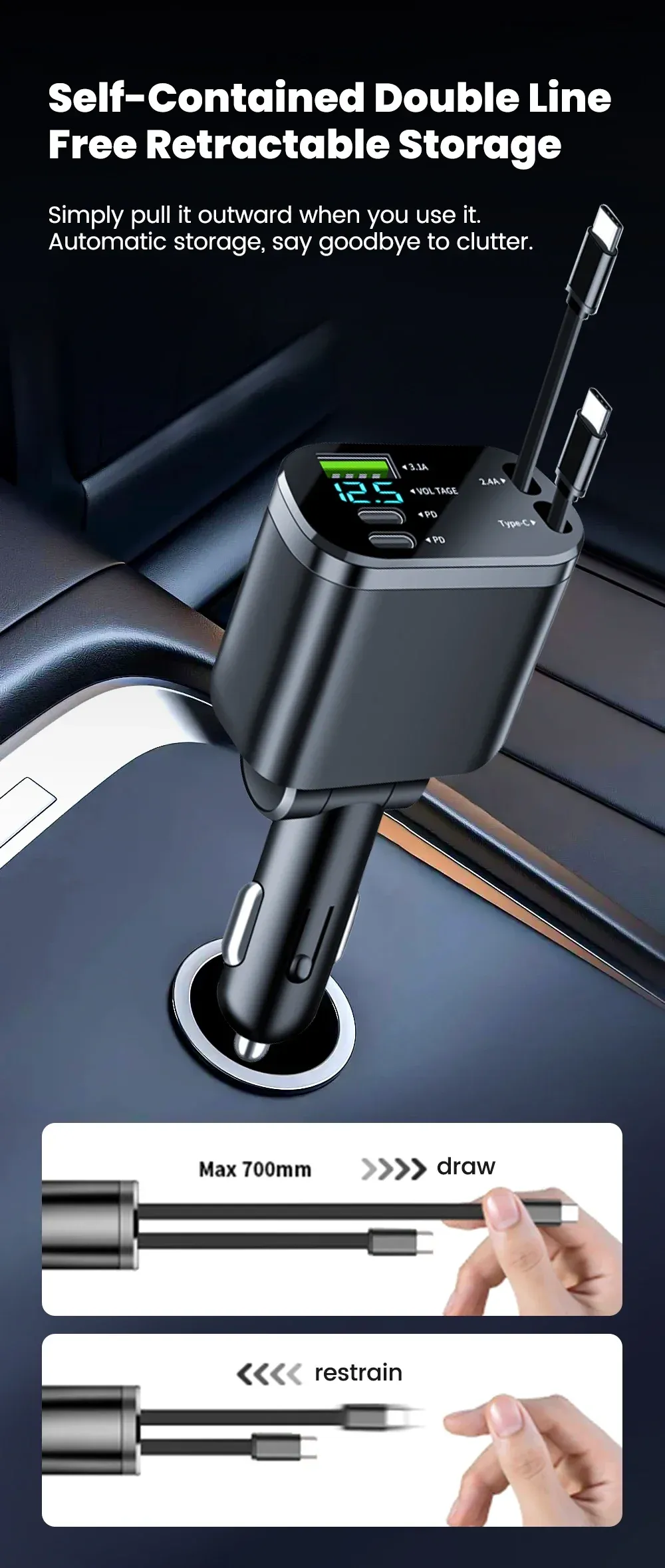 Chargeur de voiture 5 en 1 - câble télescopique