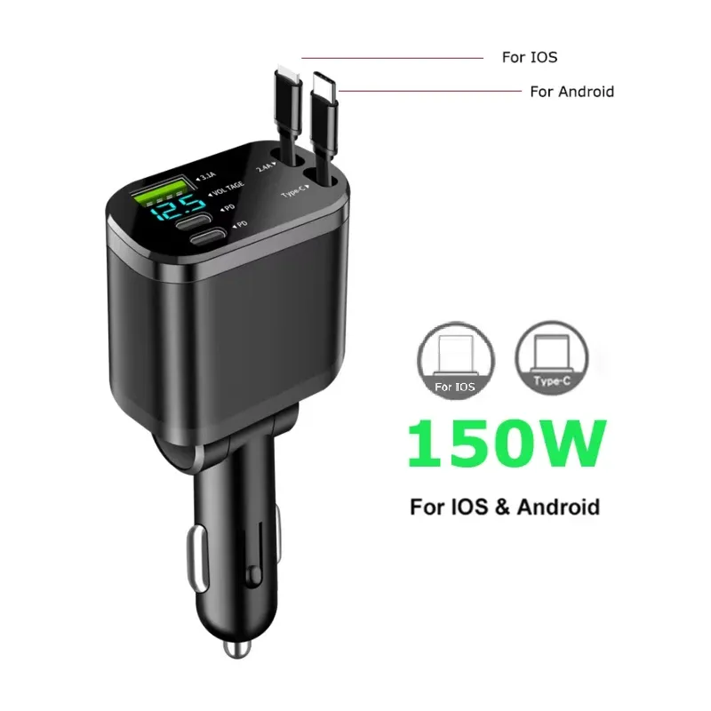 Chargeur de voiture 5 en 1 150 W avec affichage de tension, charge rapide PD 30 W et 22,5 W, câble rétractable compatible iPhone, Xiaomi et Samsung 7