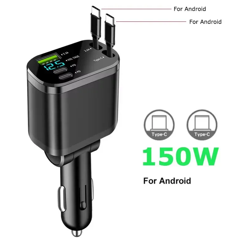 Chargeur de voiture 5 en 1 150 W avec affichage de tension, charge rapide PD 30 W et 22,5 W, câble rétractable compatible iPhone, Xiaomi et Samsung 8