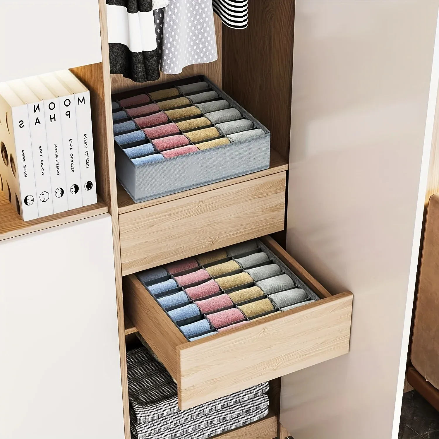 Boîte de rangement en tissu à 24 compartiments, pliable et empilable, pour chaussettes, cravates et sous-vêtements 6