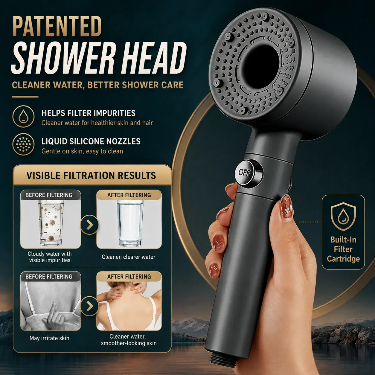 Pommeau de douche haute pression avec filtre, économie d'eau et arrêt une touche pour salle de bain 3