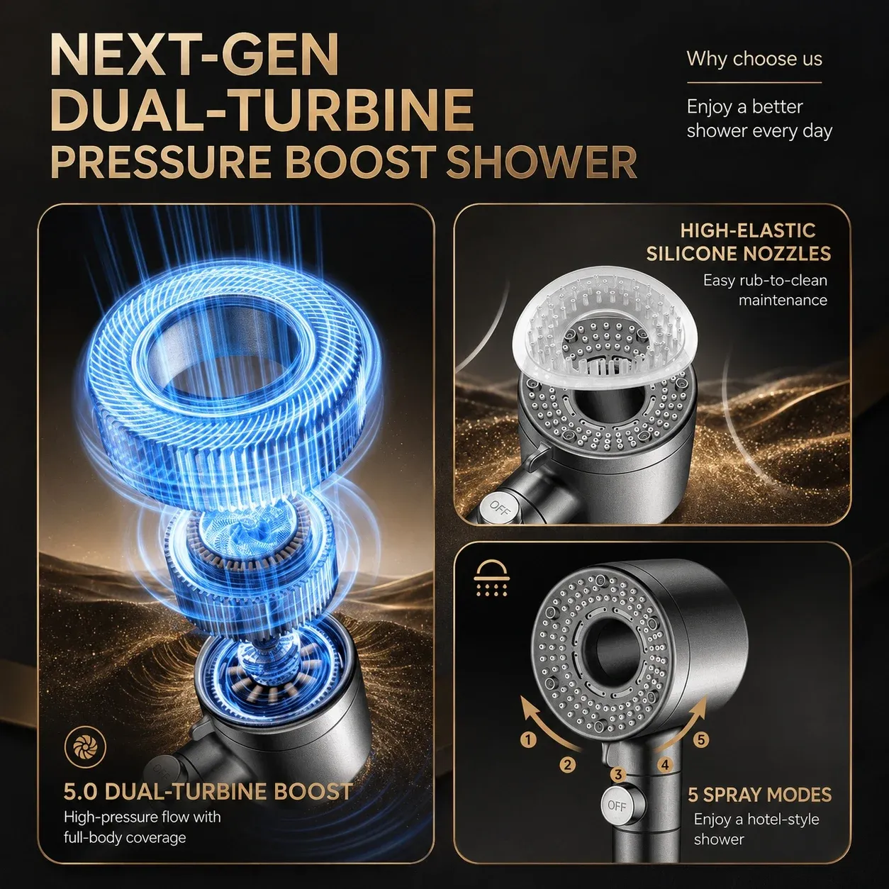 Pommeau de douche turbo en ambiance salle de bain