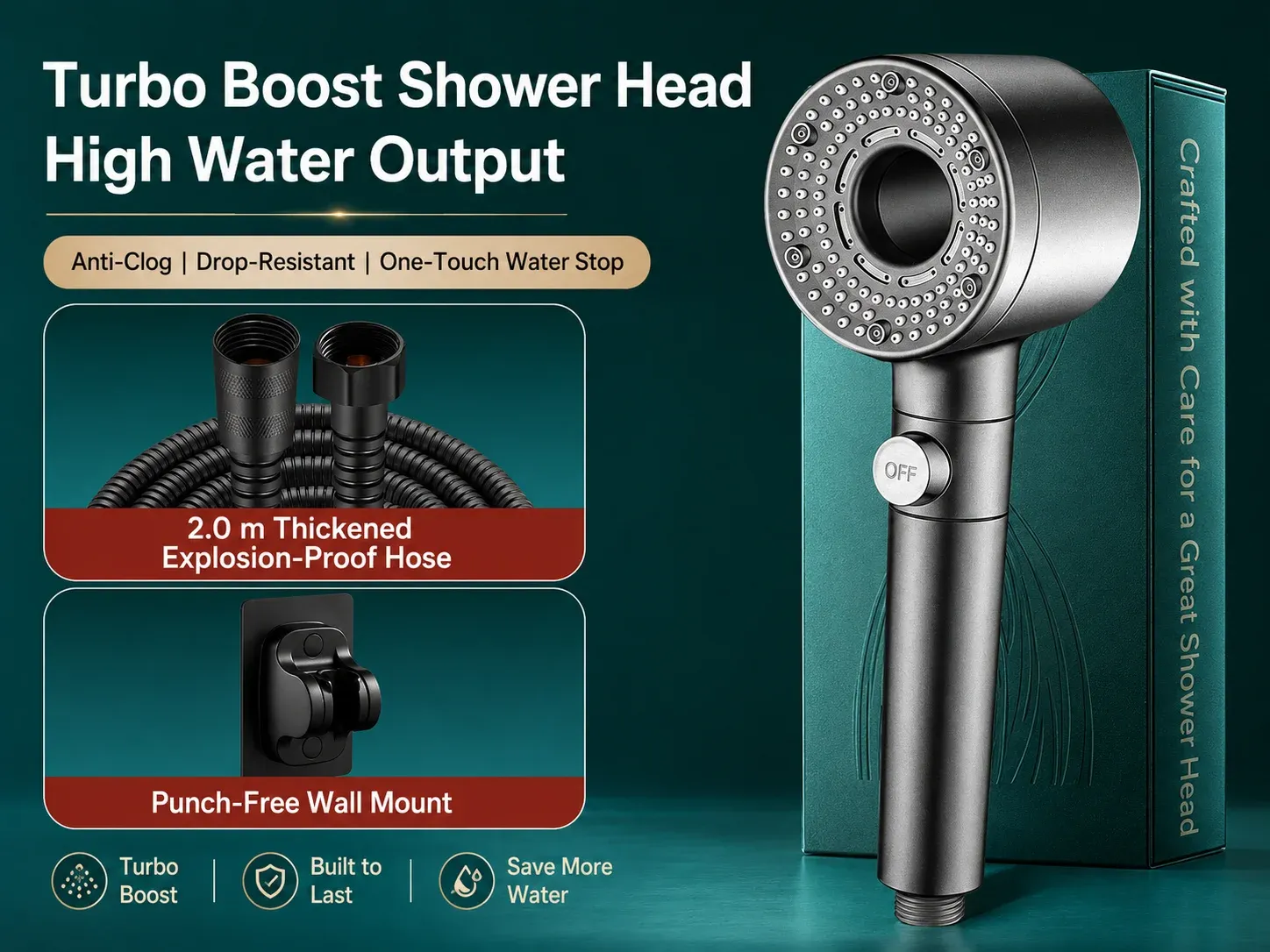 Pommeau de douche haute pression avec filtre, économie d'eau et arrêt une touche pour salle de bain 13