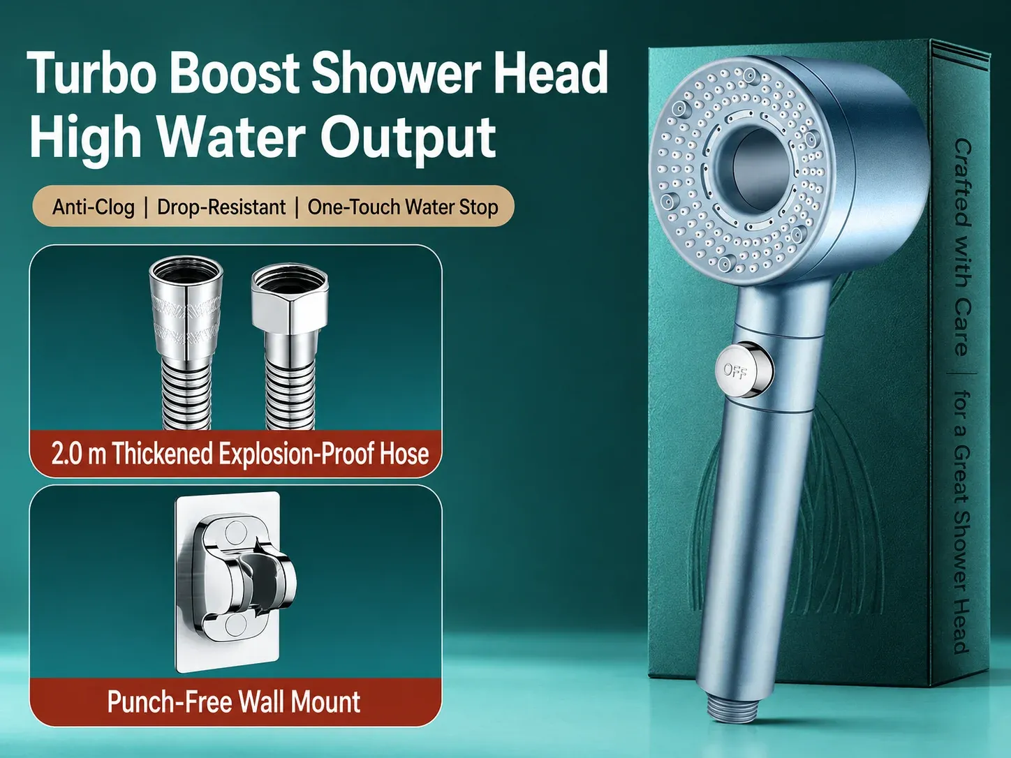 Pommeau de douche haute pression avec filtre, économie d'eau et arrêt une touche pour salle de bain 10