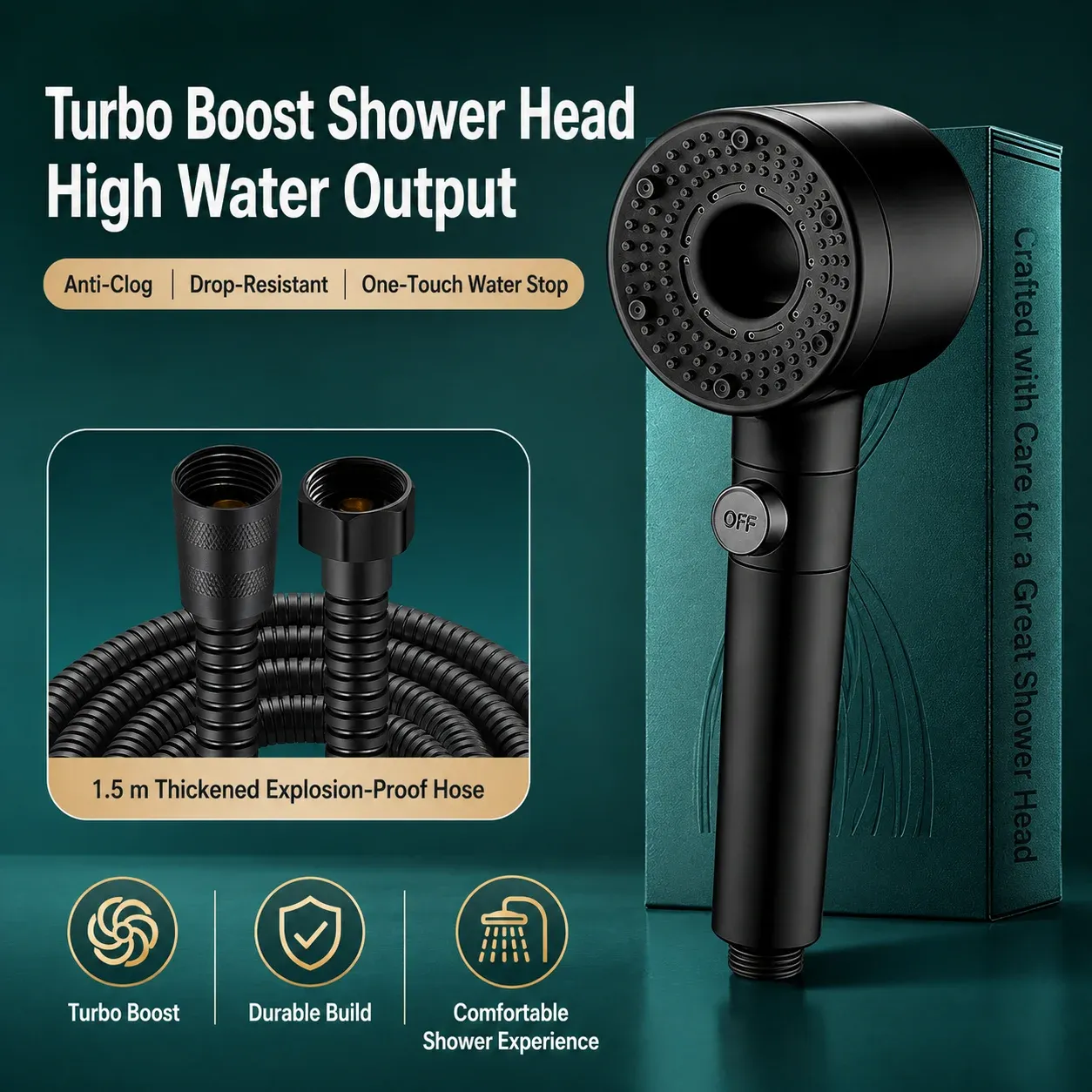 Pommeau de douche haute pression avec filtre, économie d'eau et arrêt une touche pour salle de bain 8