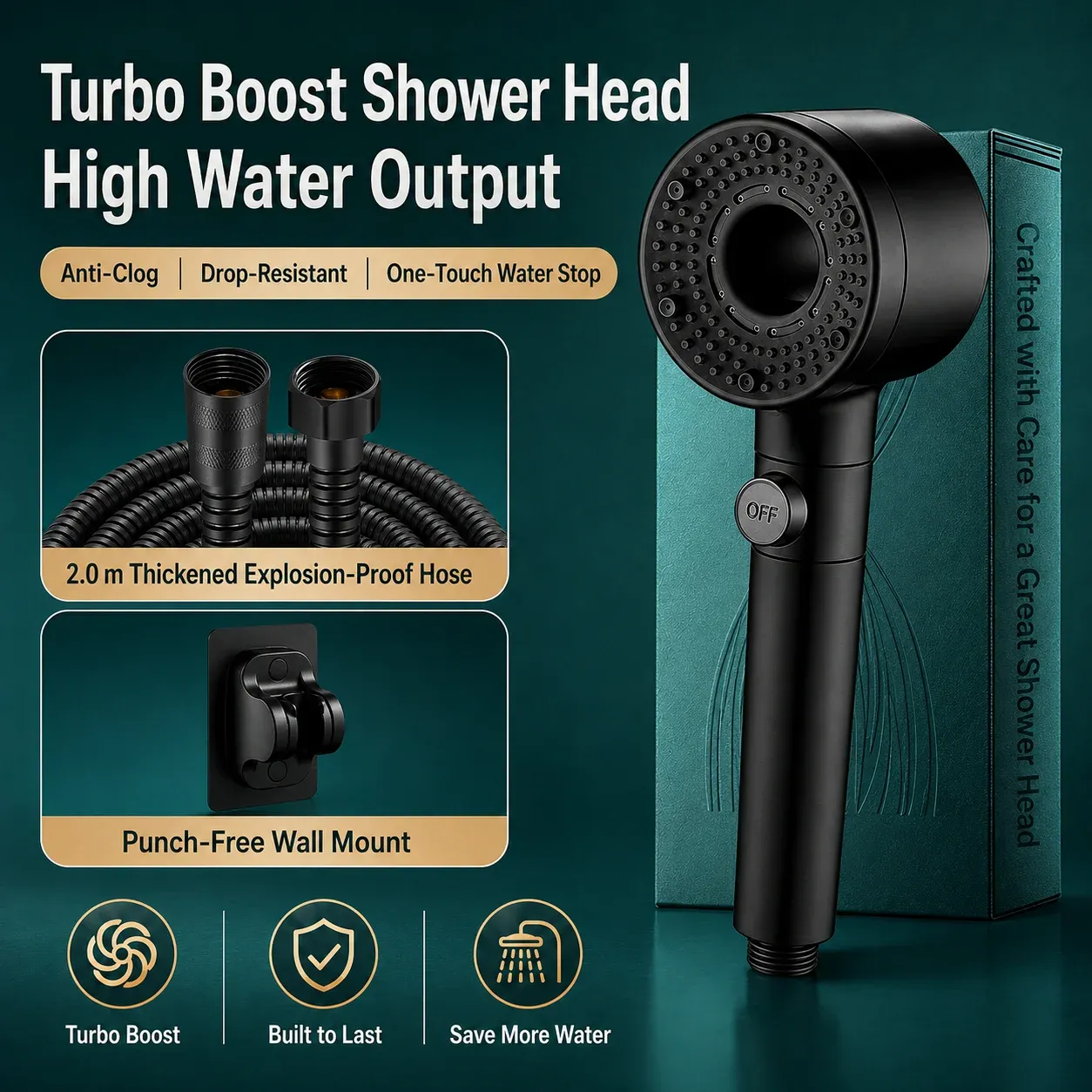 Pommeau de douche haute pression avec filtre, économie d'eau et arrêt une touche pour salle de bain 17