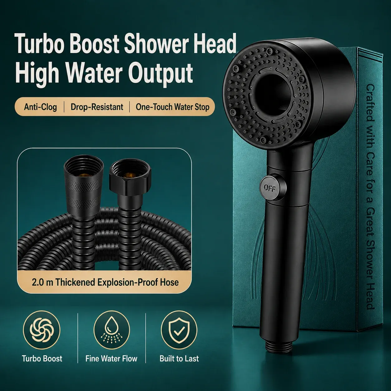 Pommeau de douche haute pression avec filtre, économie d'eau et arrêt une touche pour salle de bain 18