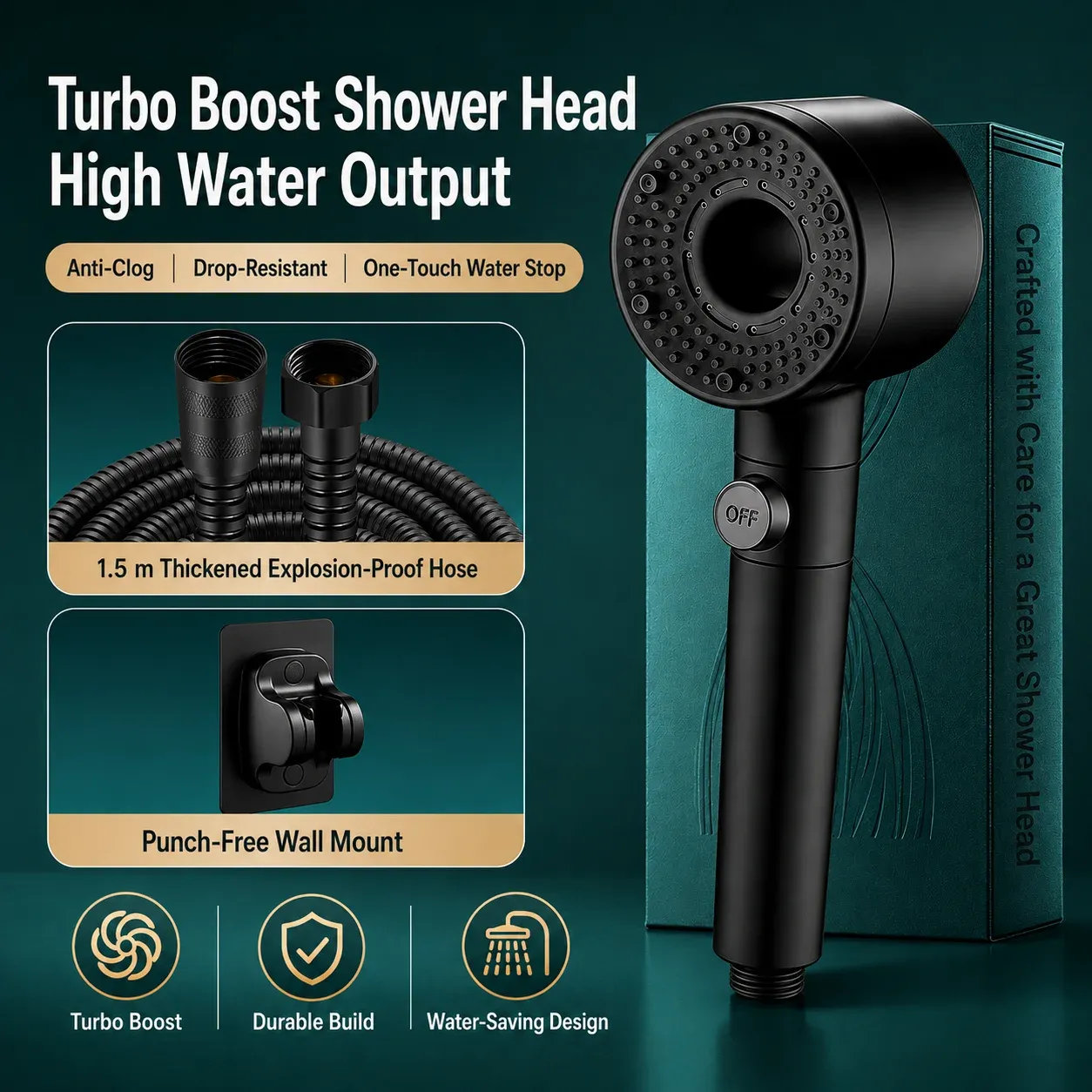 Pommeau de douche haute pression avec filtre, économie d'eau et arrêt une touche pour salle de bain 16