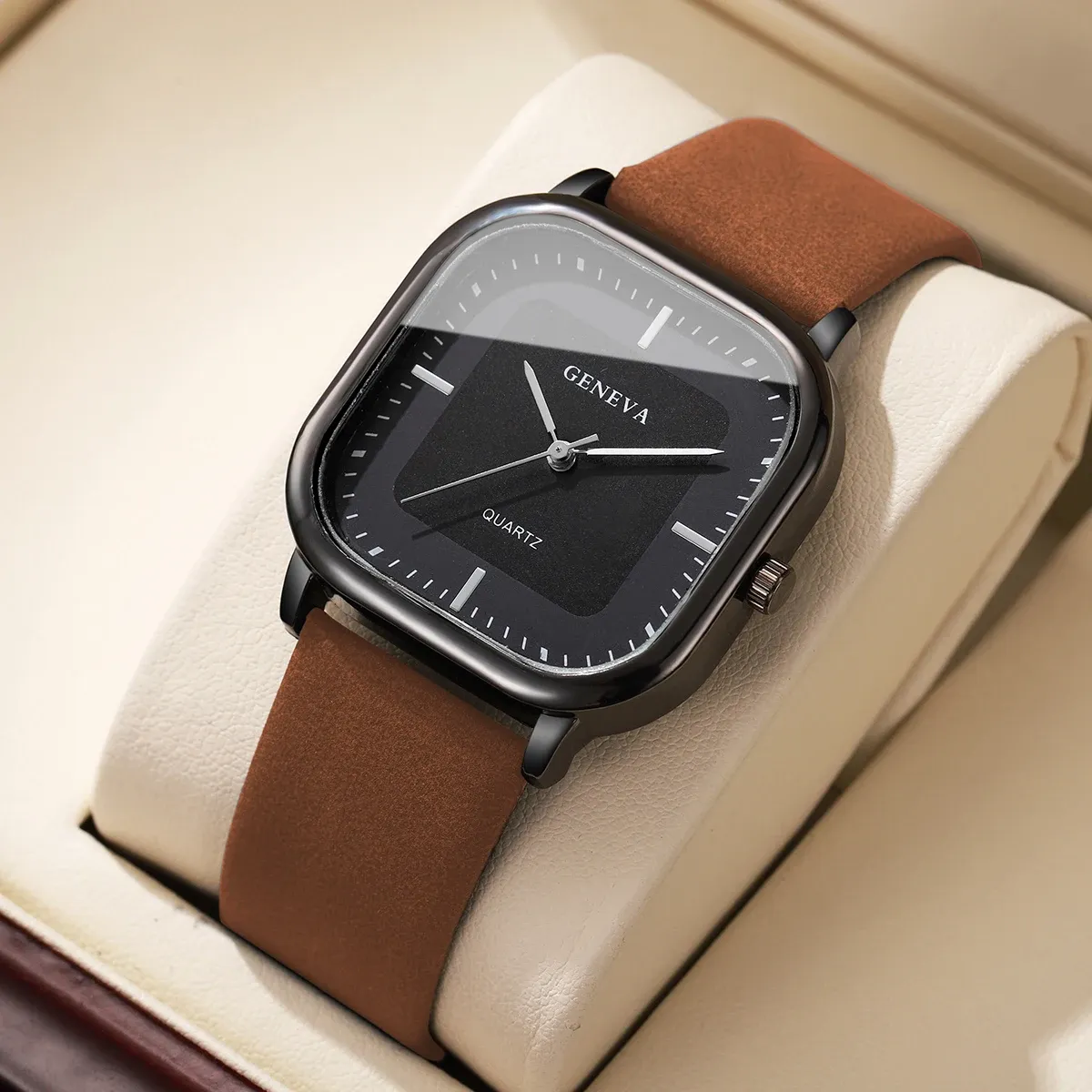 Montre à quartz carrée pour homme au design minimaliste, bracelet en cuir (sans boîte)