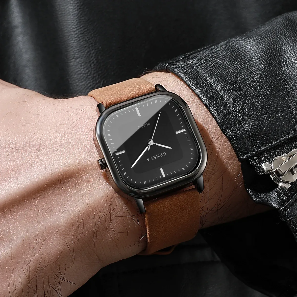 Montre à quartz carrée pour homme au design minimaliste, bracelet en cuir (sans boîte) 4