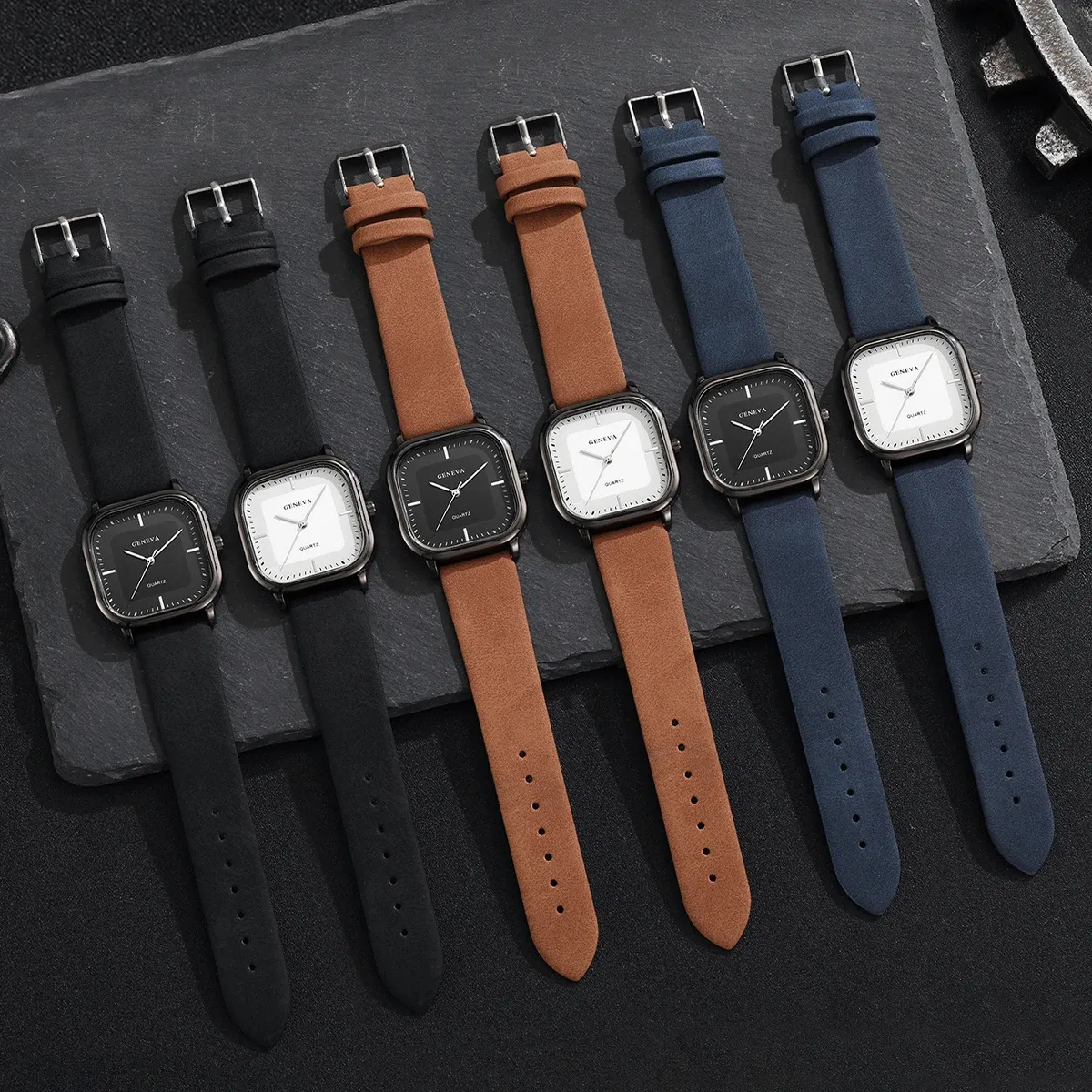 Montre à quartz carrée pour homme au design minimaliste, bracelet en cuir (sans boîte) 6