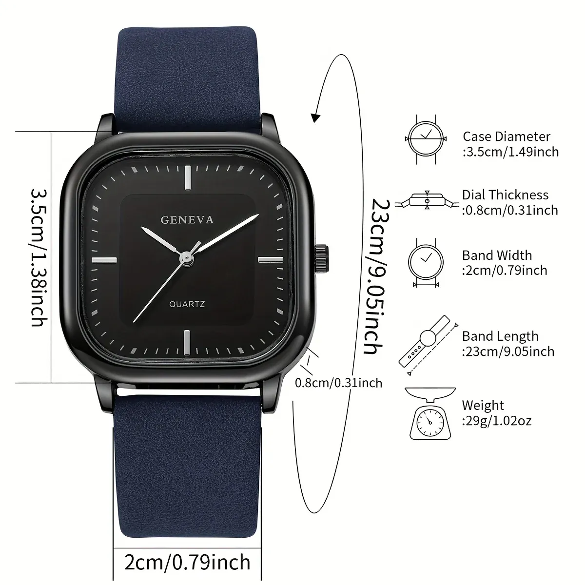 Montre carrée pour homme, vue d'ensemble