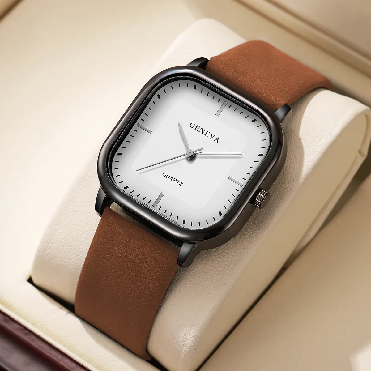 Montre à quartz carrée pour homme au design minimaliste, bracelet en cuir (sans boîte) 9