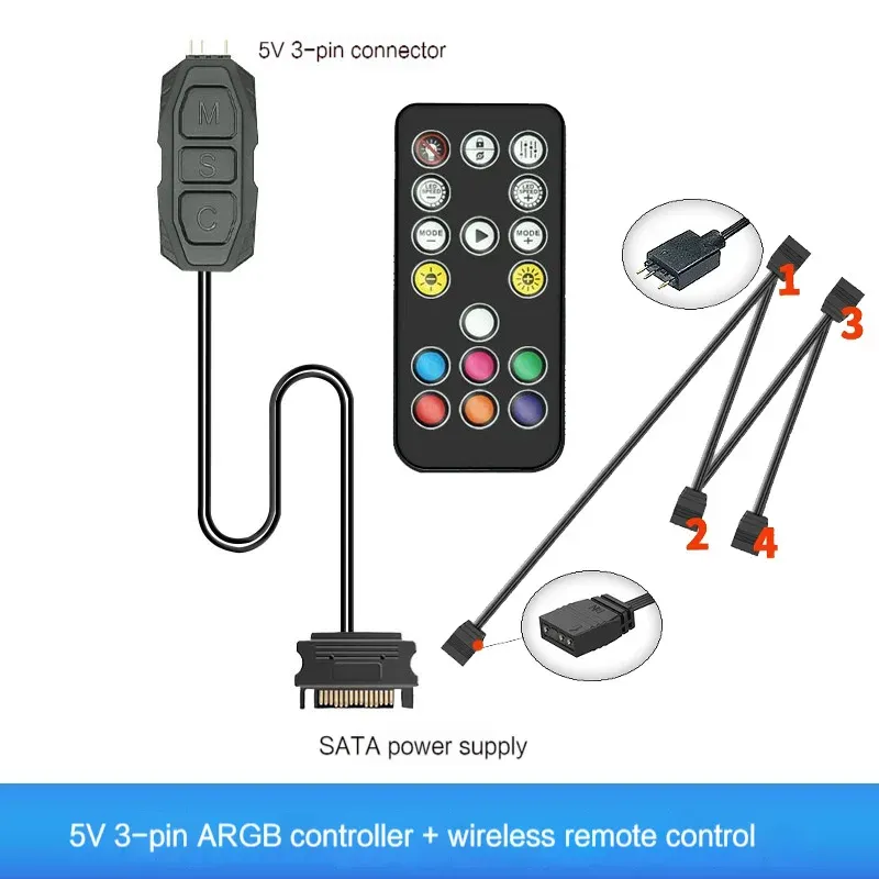 Contrôleur ARGB 5V 3 broches vers alimentation SATA, mini hub RGB 3 broches pour PC, boîtier, ventilateur, LED 9