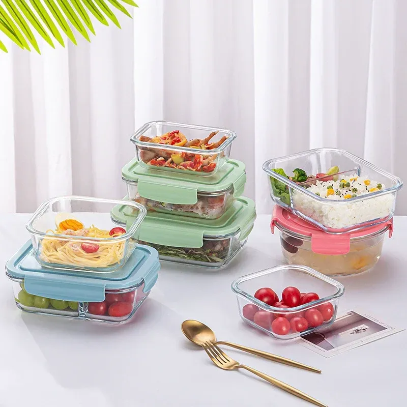 Boîte à repas en verre étanche avec couvercle, compatible micro-ondes, boîte bento portable 6