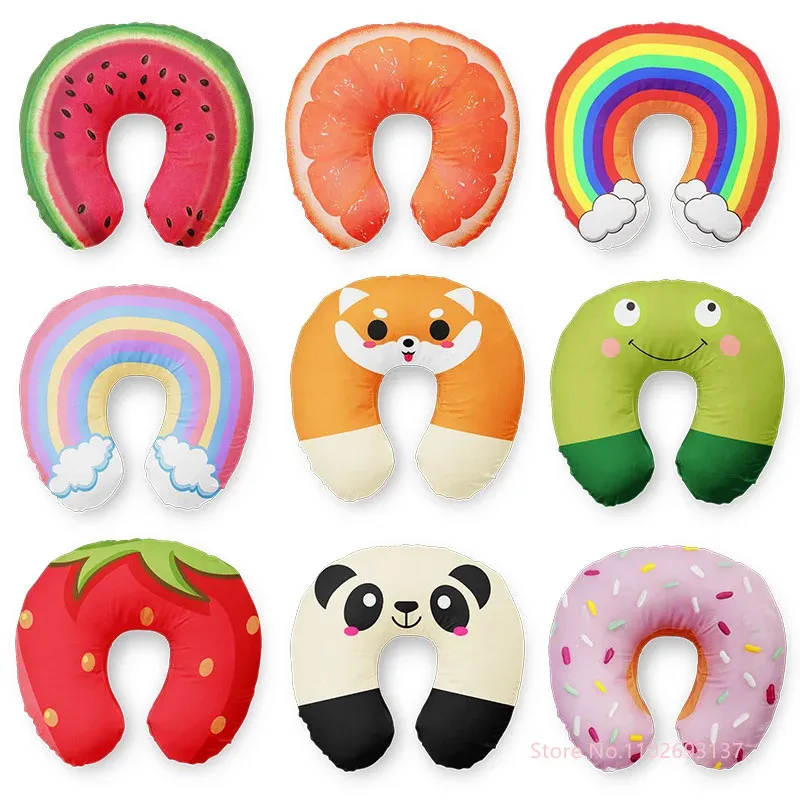 Oreiller de cou de voyage en forme de U au motif panda dessin animé, avec nuage arc-en-ciel gonflable pour enfants et adultes