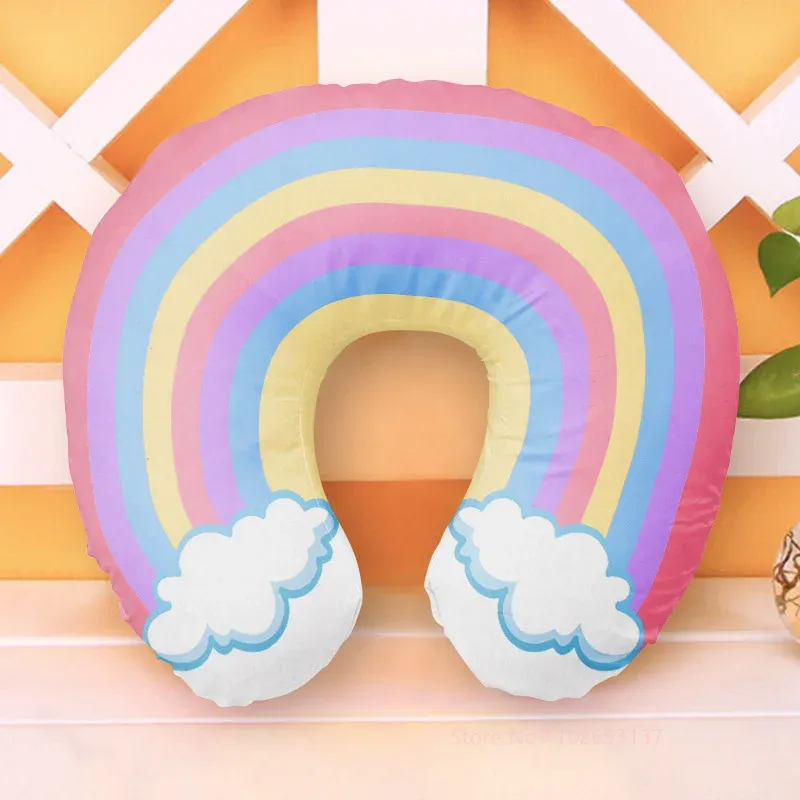 Oreiller de cou de voyage en forme de U au motif panda dessin animé, avec nuage arc-en-ciel gonflable pour enfants et adultes 4