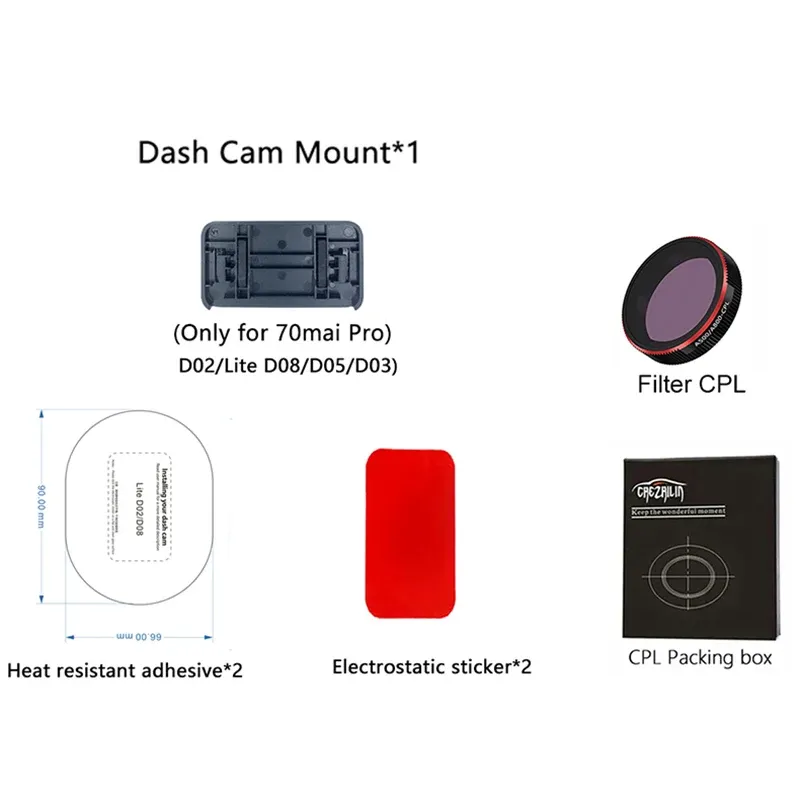 Support pour 70mai Dash Cam Pro, D02, Pro Plus, A500S, Pro Plus+, A200, Lie2, A800S, A810 10