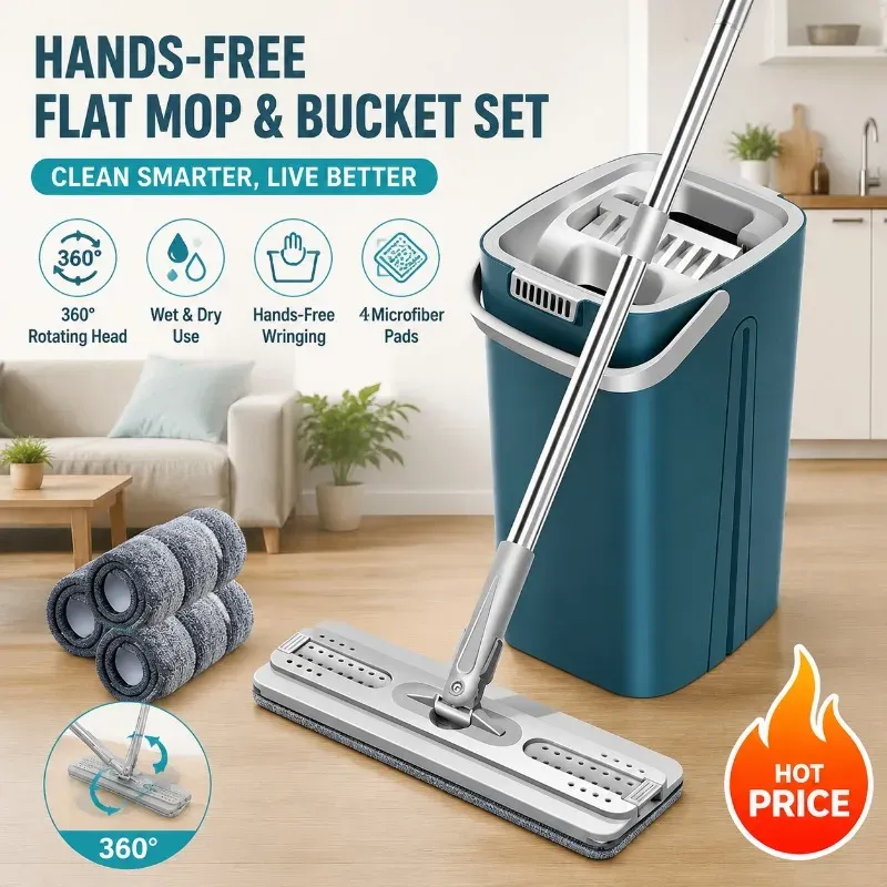 Serpillère plate en microfibre mains libres avec seau, rotation à 360° et 2 tampons rotatifs pour le nettoyage humide et sec des sols et carreaux de la cuisine et de la salle de bain - Image 1
