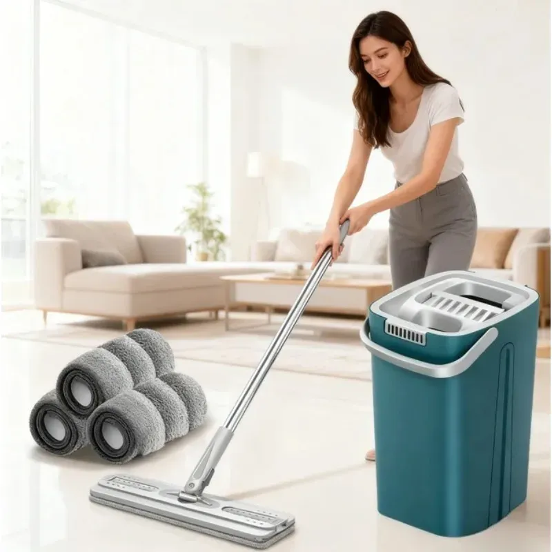 Serpillère plate en microfibre mains libres avec seau, rotation à 360° et 2 tampons rotatifs pour le nettoyage humide et sec des sols et carreaux de la cuisine et de la salle de bain 3