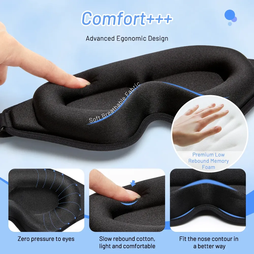 Masque de sommeil 3D en mousse à mémoire de forme, bandeau occultant 99 % pour une meilleure qualité de sommeil 3