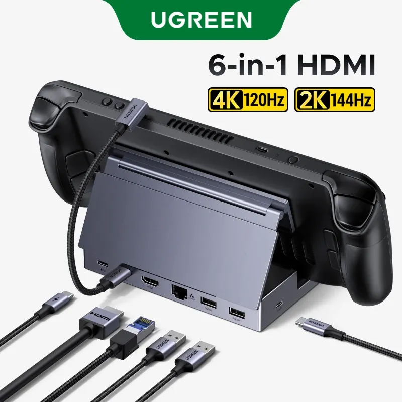 UGREEN Hub USB-C 6-en-1 pour Steam Deck, station d'accueil 4K 120Hz HDMI, 5 Gbps USB-A/C, PD 100 W, RJ45 1000 Mbps, compatible ROG Ally et Legion
