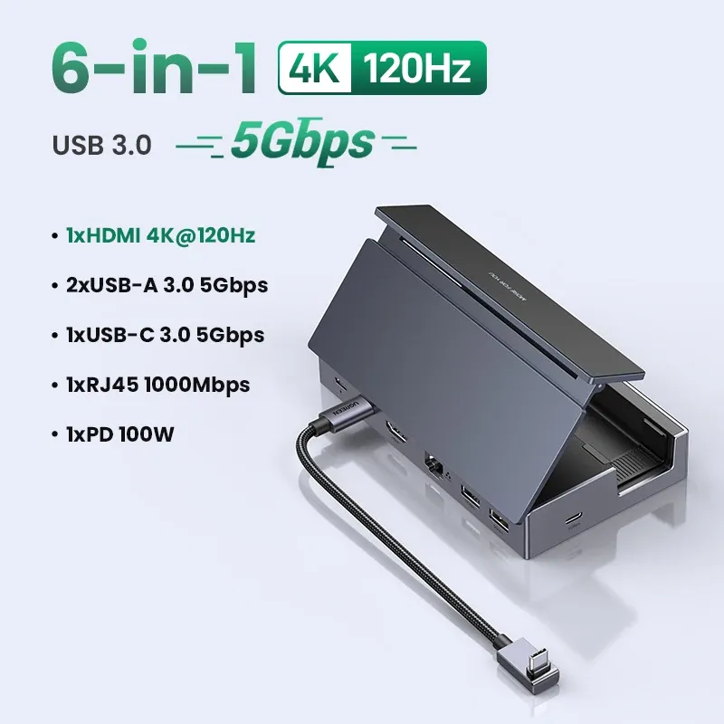 UGREEN Hub USB-C 6-en-1 pour Steam Deck, station d'accueil 4K 120Hz HDMI, 5 Gbps USB-A/C, PD 100 W, RJ45 1000 Mbps, compatible ROG Ally et Legion 7