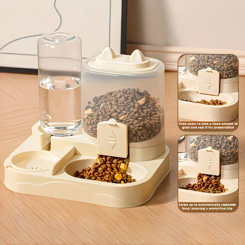Distributeur 2 en 1 eau et nourriture pour animaux de compagnie, compartiments séparés pour aliments secs et humides, plastique durable et transparent, sans pile, idéal pour chats et chiens en voyage 2