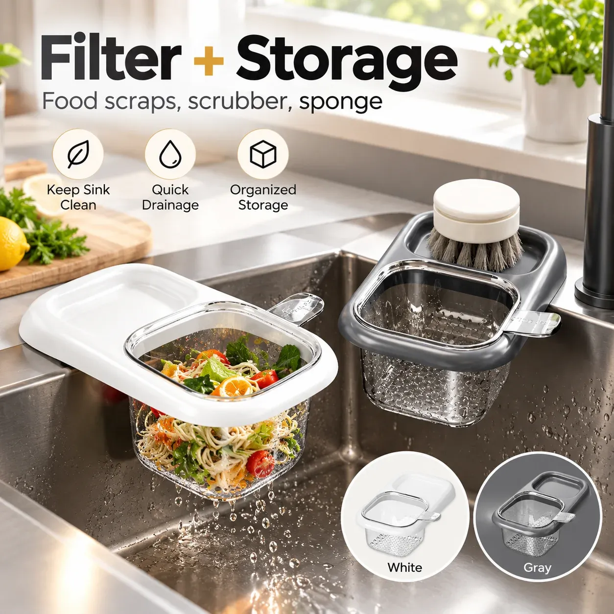 Panier filtre amovible pour évier de cuisine avec collecteur de déchets alimentaires et passoire pour légumes et fruits 4