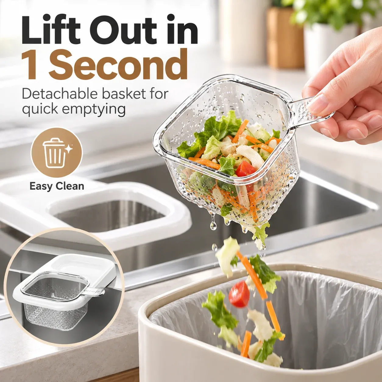 Panier filtre amovible pour évier de cuisine avec collecteur de déchets alimentaires et passoire pour légumes et fruits 6