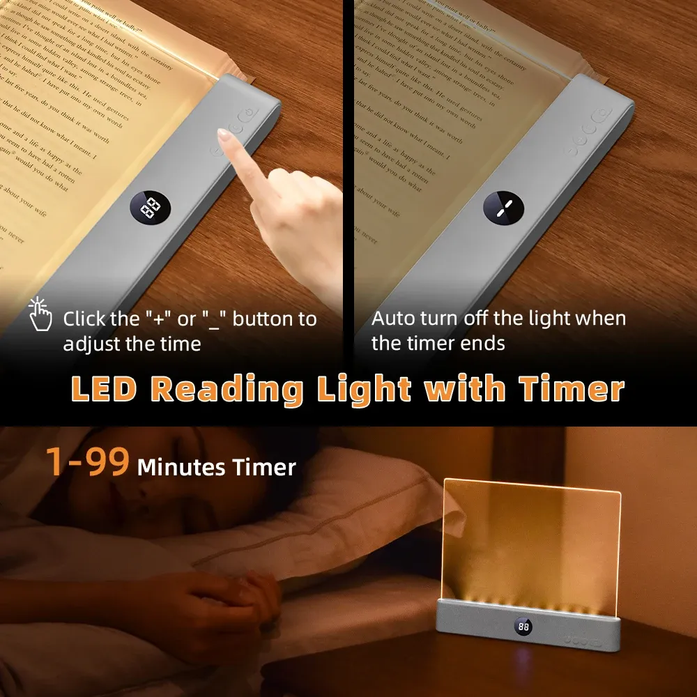 Lampe de lecture LED rechargeable à pince, éclairage à 3 couleurs avec minuterie et protection des yeux 4