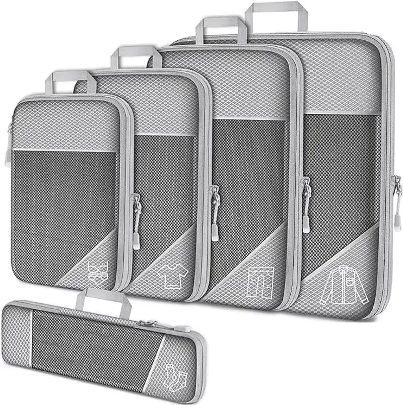Lot de 5 cubes de rangement compressibles pour voyage avec sac à chaussures, en maille transparente 12