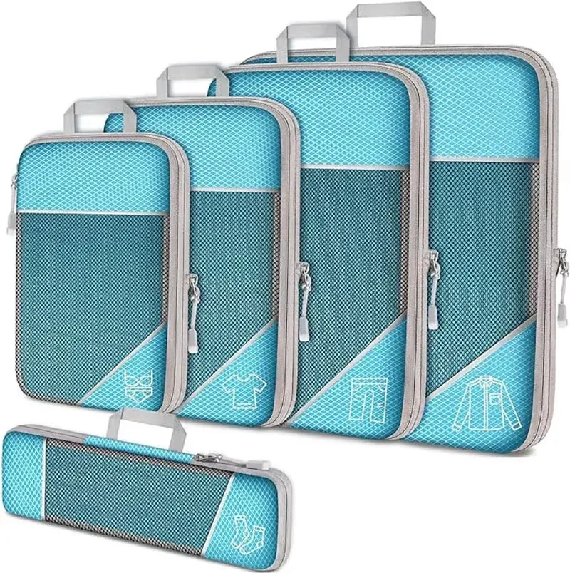 Lot de 5 cubes de rangement compressibles pour voyage avec sac à chaussures, en maille transparente 11
