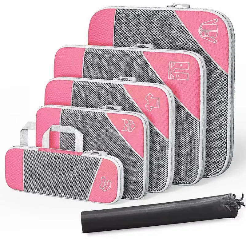 Lot de 5 cubes de rangement compressibles pour voyage avec sac à chaussures, en maille transparente 14