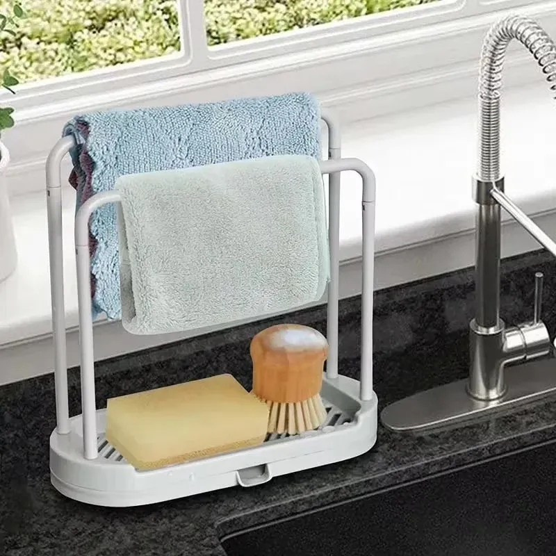 Égouttoir à torchons de cuisine à double couche, support de rangement pour évier, organisateur de comptoir pour éponges et tampons à récurer en acier - Image 1