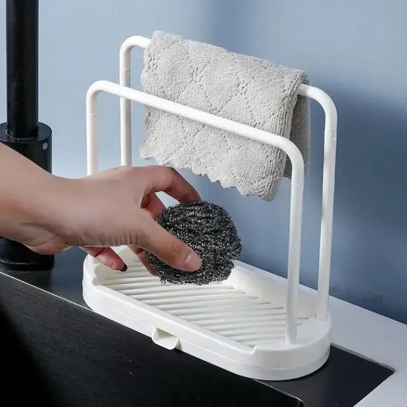 Égouttoir à torchons de cuisine à double couche, support de rangement pour évier, organisateur de comptoir pour éponges et tampons à récurer en acier 8