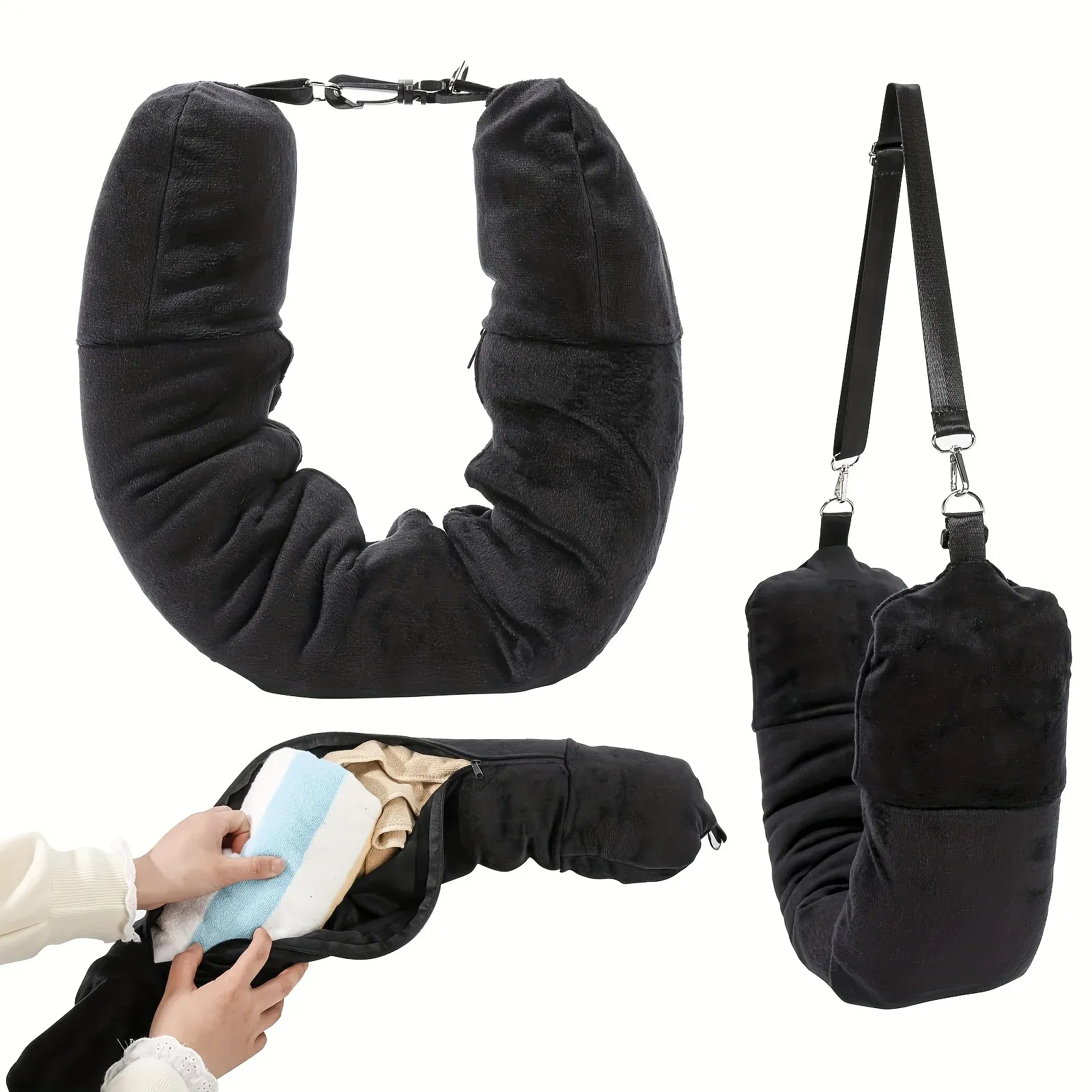Oreiller de voyage en forme de U, pouvant être rempli de vêtements et d'articles du quotidien, pratique et facile à transporter 3