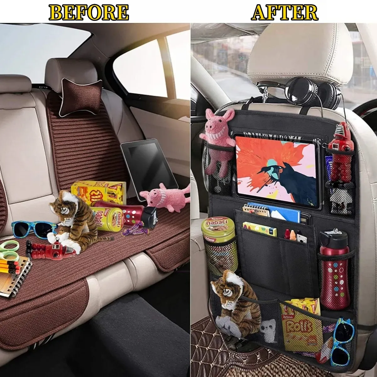 Organisateur de dossier de siège auto, 10 poches de rangement avec écran tactile, support tablette, protège-dossier pour enfants, accessoires auto 3